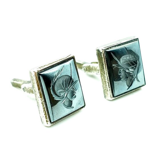 Hematite Roman Soldier Cuff Links, Trojan Spartan Carved Intaglio set in Sterlin - Picture 1 of 4